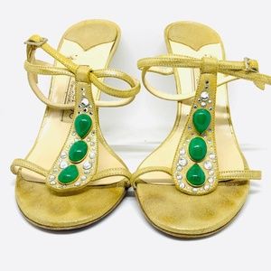 JIMMY CHOO BEA GOLD SUEDED LEATHER CRYSTAL GREEN S